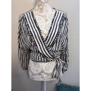 Free People Wrap Top‎ Striped Embroidered Tie Waist Bohemian Blouse Small
